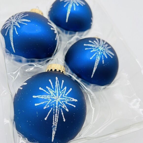 VTG Christmas by Krebs Blue Star Snowflake Glitter Mercury Glass Ornaments 4pc - Picture 4 of 6